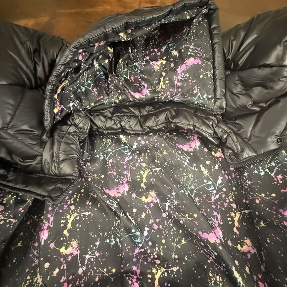 Justice puffer jacket black shimmer water resistant removable hood pockets - Picture 16 of 16